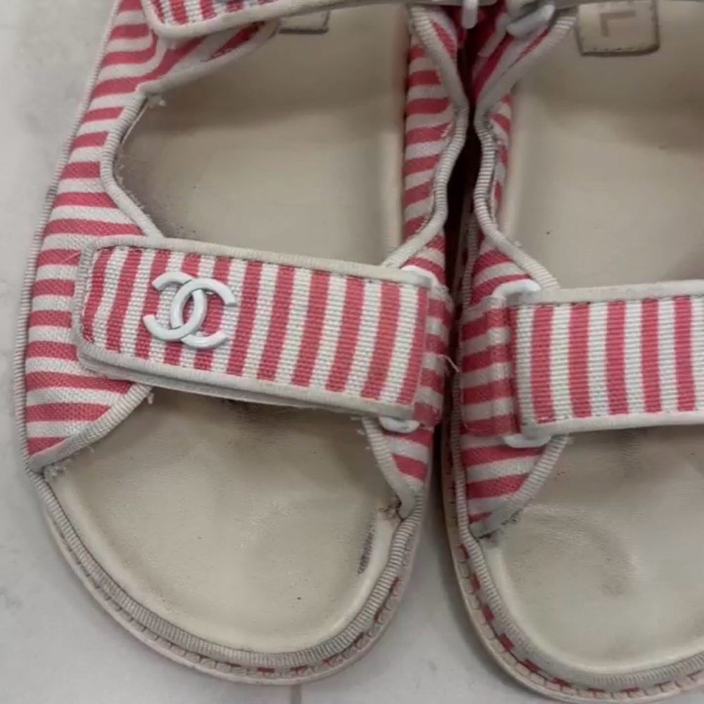 Chanel Printed Calfskin Velcro Dad Flat Mules Sandals Red Stripe 38 EU / 8 US - Picture 2 of 10